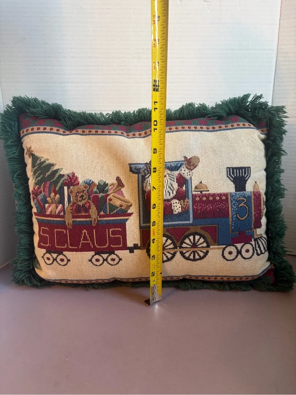 Decorative Santa Train Holiday Pillow - Green Fringe